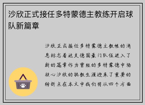 沙欣正式接任多特蒙德主教练开启球队新篇章